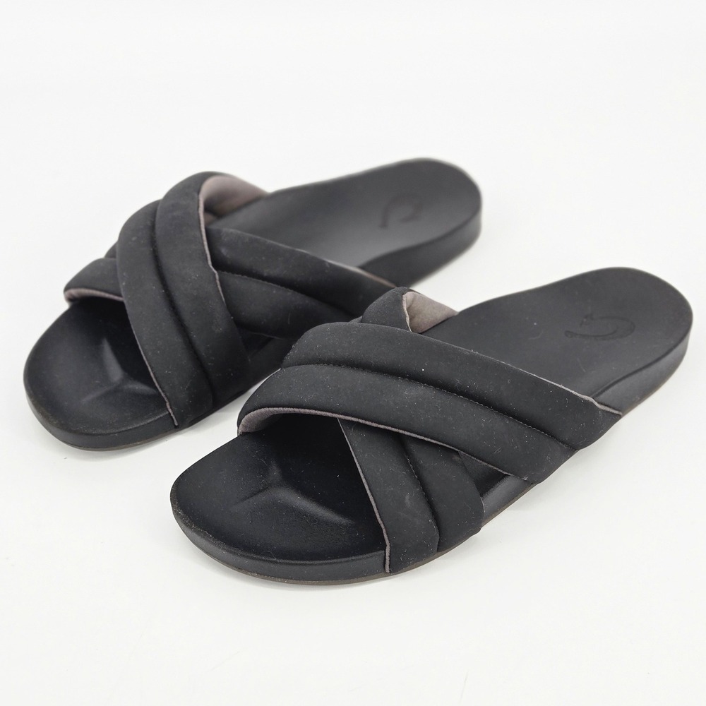 OluKai Hila Black Puffy Criss Cross Slide Sandals Womens 10 Water Friendly Beach